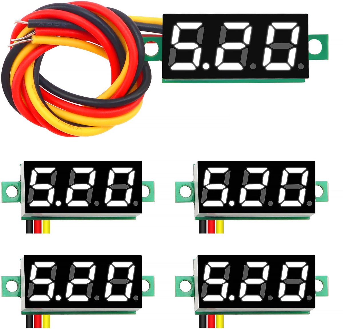 5 Stuks 0.28 Inch Mini Digitale Voltmeter, 0-100V Mini DC Voltmeter met Drie draden, Omgekeerde Polariteit Bescherming en Nauwkeurige Drukmeting (Wit)