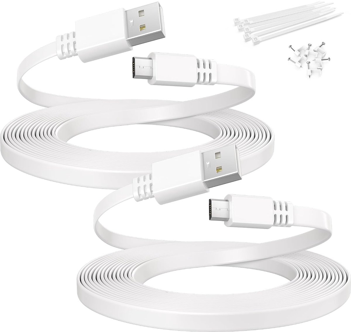 Platte USBA naar Micro USB Verlengkabel 6M 2Stuks,Voedingskabel,Wit | Kabel voor Beveiligingscamera's,Compatibel met Blink Mini/XT2/Outdoor 3,Wyze Cam v4/Pan v2/OG,YI Home,Ring,Arlo Q,eufy,EZVIZ