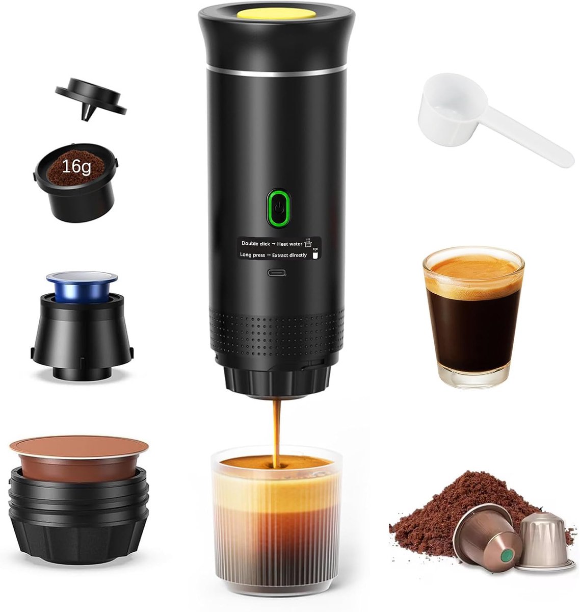 3-in-1 koffiezetapparaat, reiskoffiezetapparaat, 20 bar, met zelfverwarming, compatibel met capsules en gemalen koffie, 7500 mAh-accu voor camping en auto