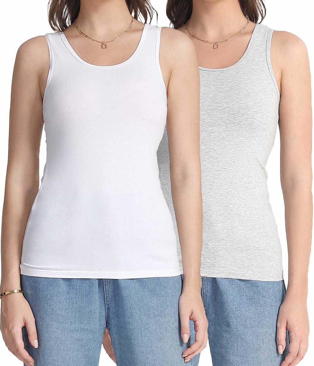Wirarpa Kamisol Basic Tanktop voor dames, katoen, 2 stuks, Grijs/wit, XXL