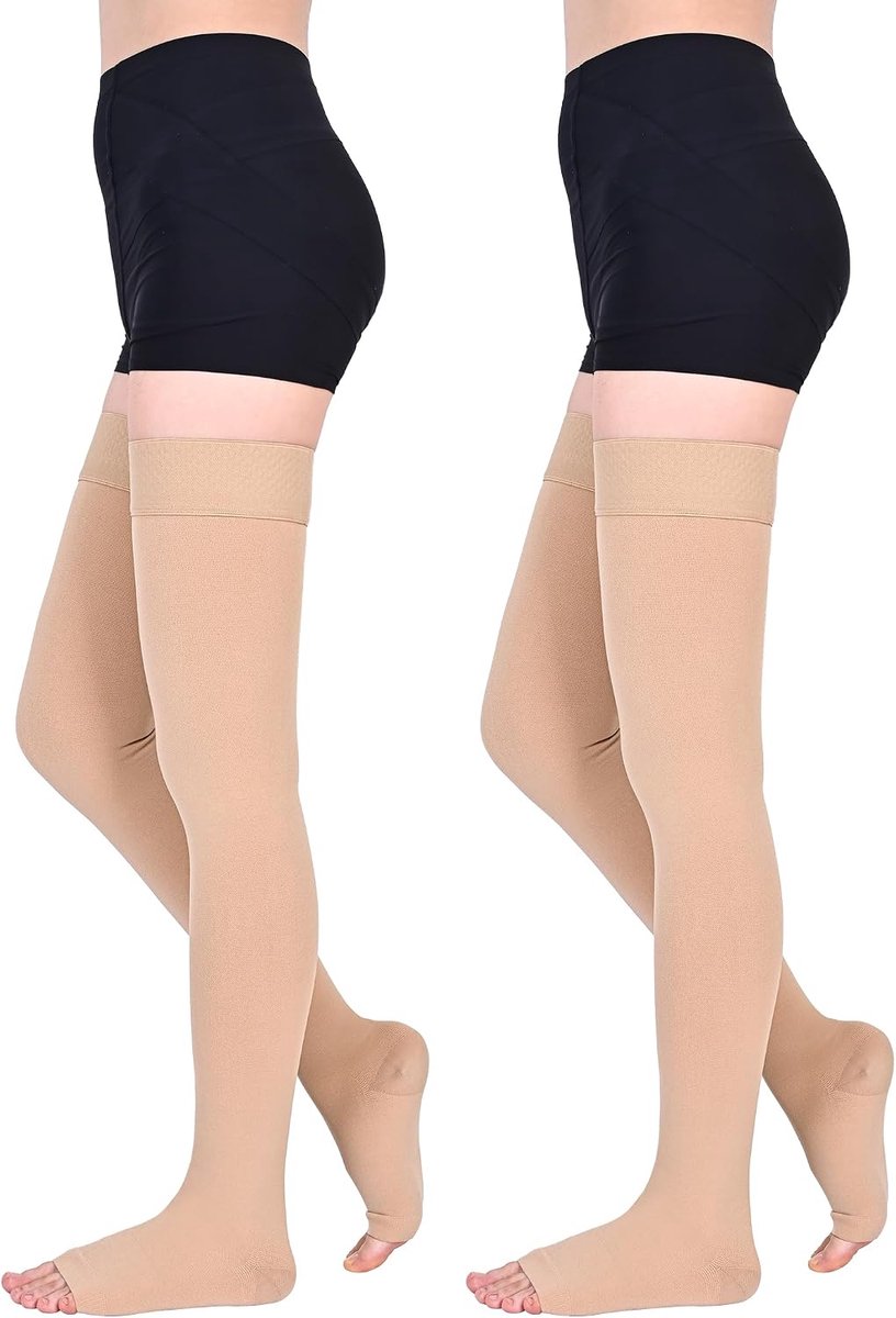 2 paar 20-30 mmHg medische compressiekousen voor dames en heren, klasse 2, lange steunkousen, open neus, trombosekousen voor dames en heren, met siliconen band voor spataderen, oedeem, vlucht