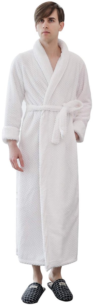 SolidKeus - Unisex Flanellen Dressing Gown met Schaalhals, Wit, XL