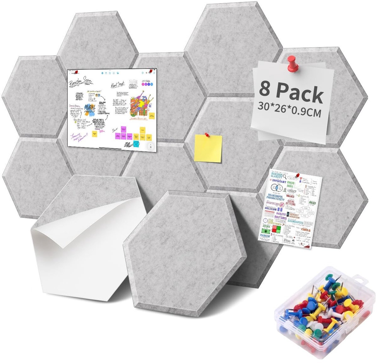 SolidKeus - Set van 8 Hexagon Zelfklevende Prikborden met 35 Pins