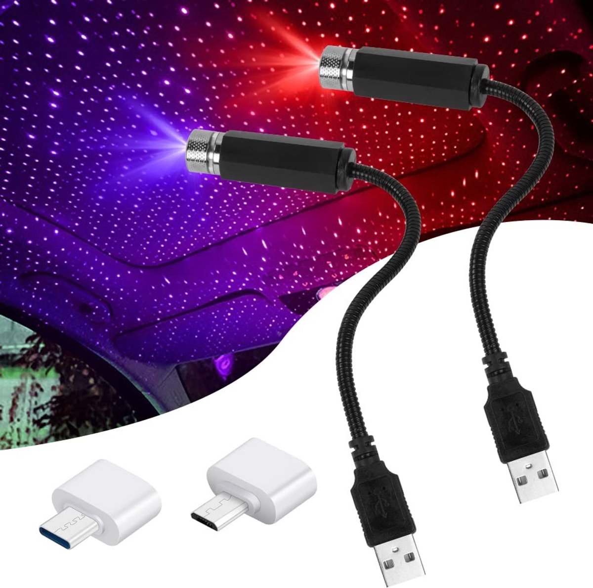 SolidKeus - Aanpasbare USB Sterrenprojector voor Auto met 2 Adapters