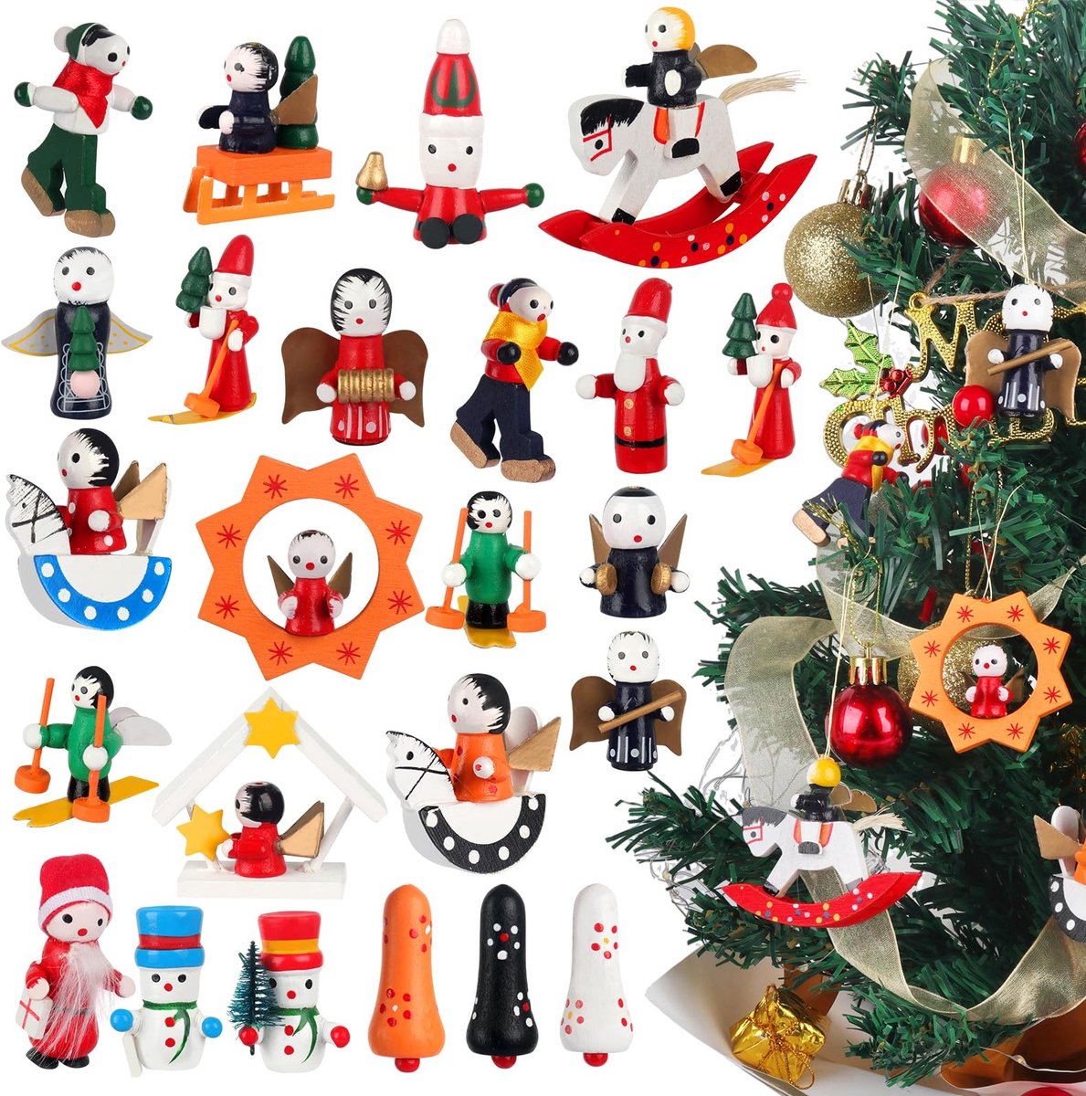 SolidKeus - 24-delige Houten Kerstboomdecoraties voor Hangen