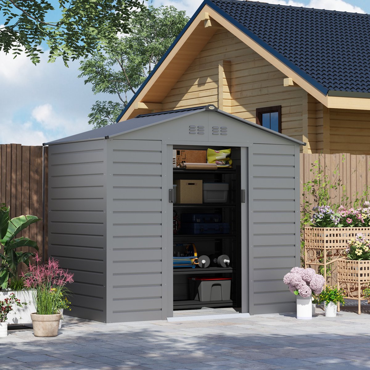 COVREO Gereedschapsschuur 213x131x192 cm grijs staal, zadeldak en schuifdeur