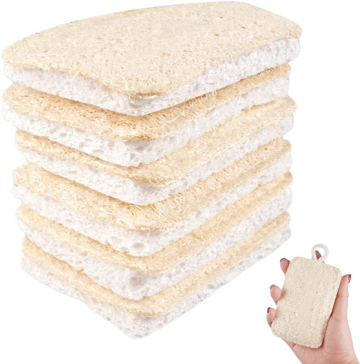 Natuurlijke loofa-spons set van 6 stuks, 11 x 7 cm, herbruikbare zeepbakjes voor badkamer en keuken, duurzaam en milieuvriendelijk