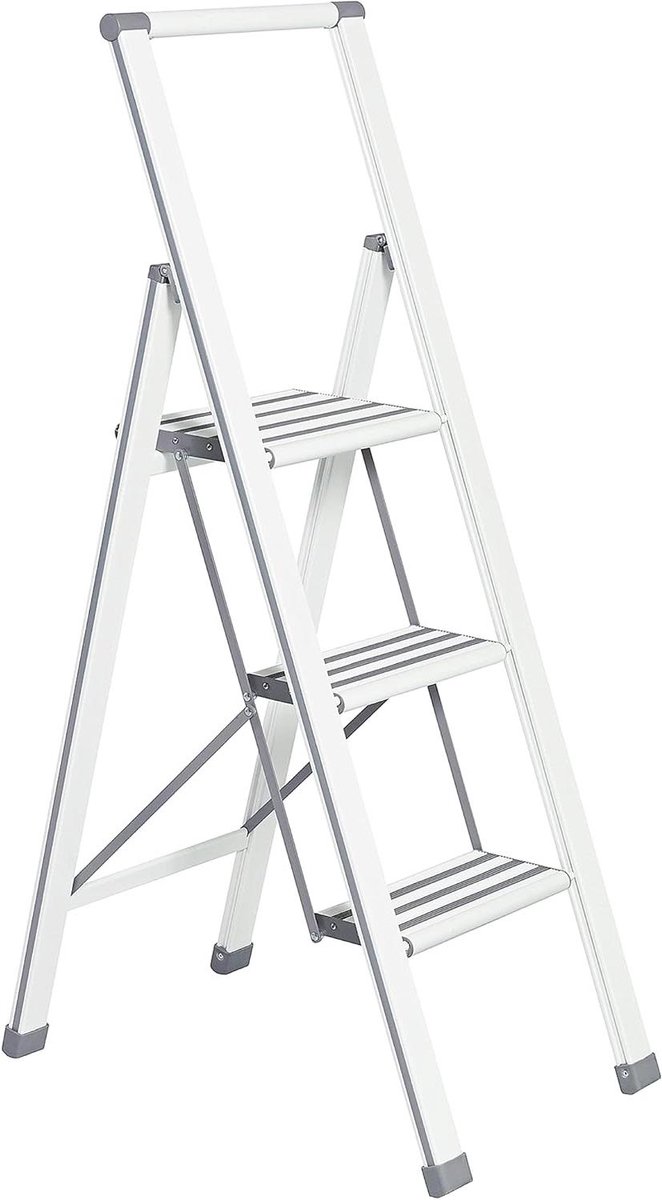 Trapladder Aluminium - Huishoudtrap Vouwladder - Klusjes Uitvoeren - XXL Antislip Treden - 3 Treden - Wit Grijs