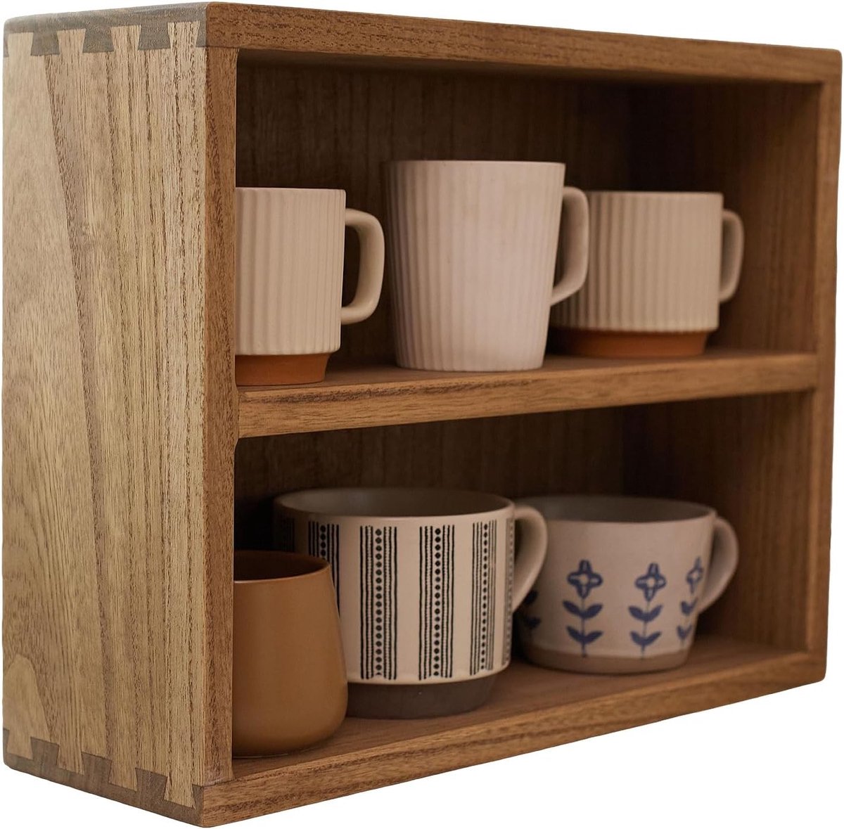 Houten Plank met Twee Niveaus, Paulownia Houten Bureau Organizer voor Keuken en Kantoor, Open Ontwerp met Traditionele Verbinding, Natuurlijke Kleur (Donkerbruin)