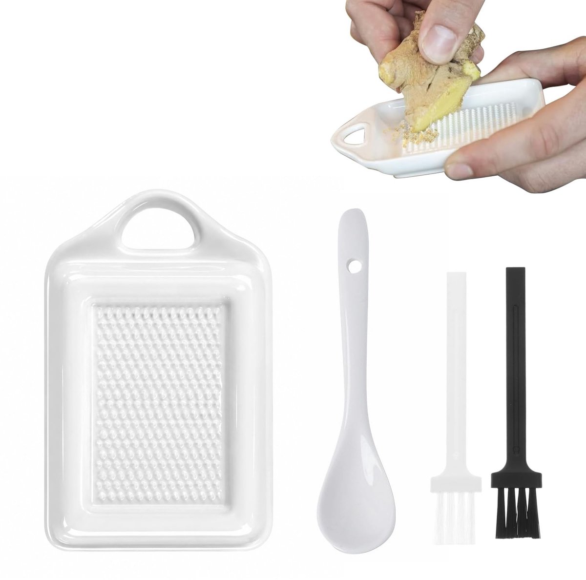 Omgoods - Keramische Knoflookrasp Set met Lepel en Reinigingsborstels