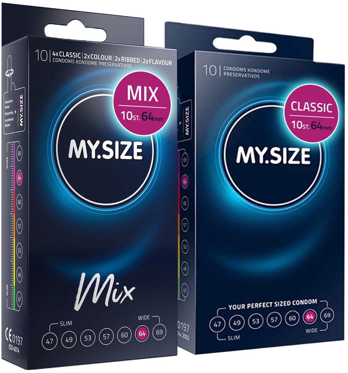 MY.SIZE Mix SET Maat 6, 64 mm: 10 Classic + 10 Condooms in 4 spannende soorten, met aroma, kleur, genopt & Classic