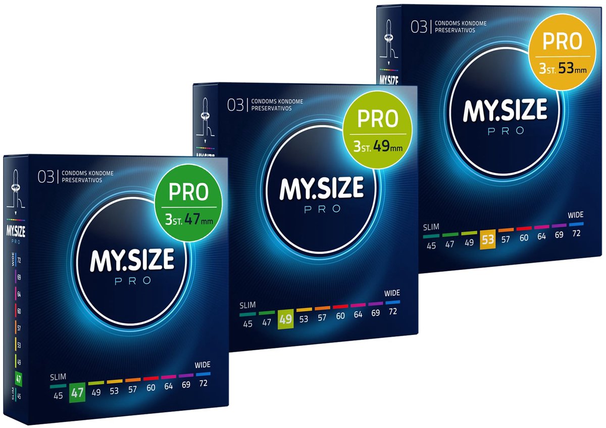 MY.SIZE PRO condoom maat 1,2,3-47,49,53 mm, strakke pasvorm en normale pasvorm, 3x3 condooms - perfecte pasvorm en een geschikte maat voor iedereen