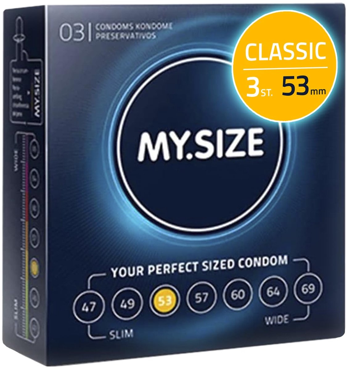 MY.SIZE Classic condooms maat 3 I 53 mm breed I 3 stuks proefverpakking I Premium condooms extra dun I condooms true to touch gossamer I dunne 0,07 mm wanddikte I condooms veganistisch
