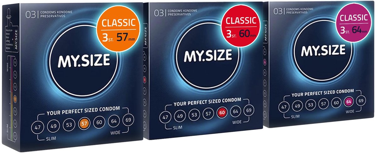 MY.SIZE Classic Premium Condooms proefpakket van 3 I Breedtes van 57, 60, 64mm I 3x3 stuks extra dun I realistisch gevoel ultra zacht I dunne wanddikte van 0,07mm I veganistisch