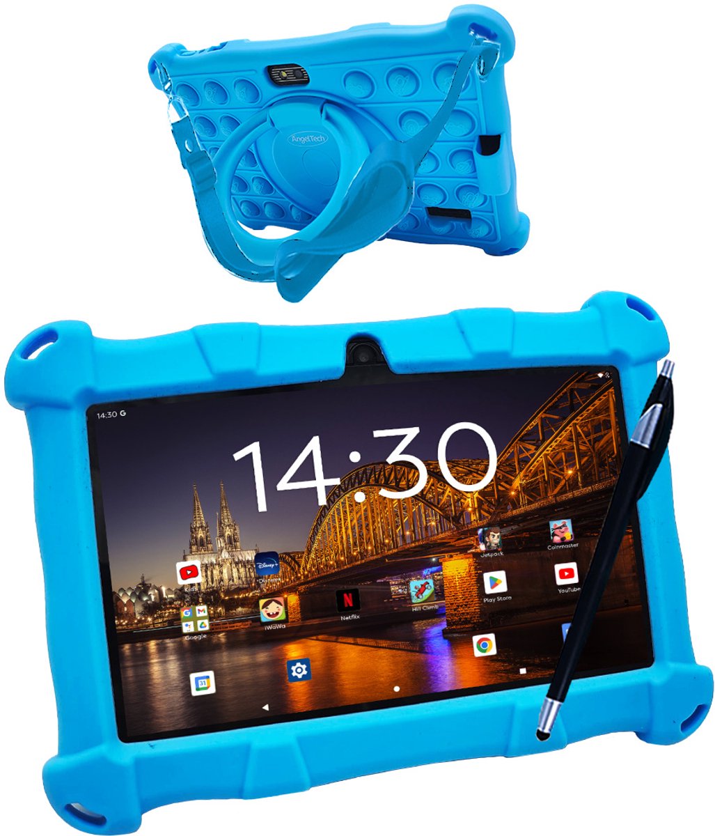 Bol.com AngelTech Kindertablet Slim – 3+4GB RAM - 32+64GB – 100%Kidsproof – Vanaf 3 Jaar – 7 Inch - Ouderlijk Toezicht – Blauw aanbieding