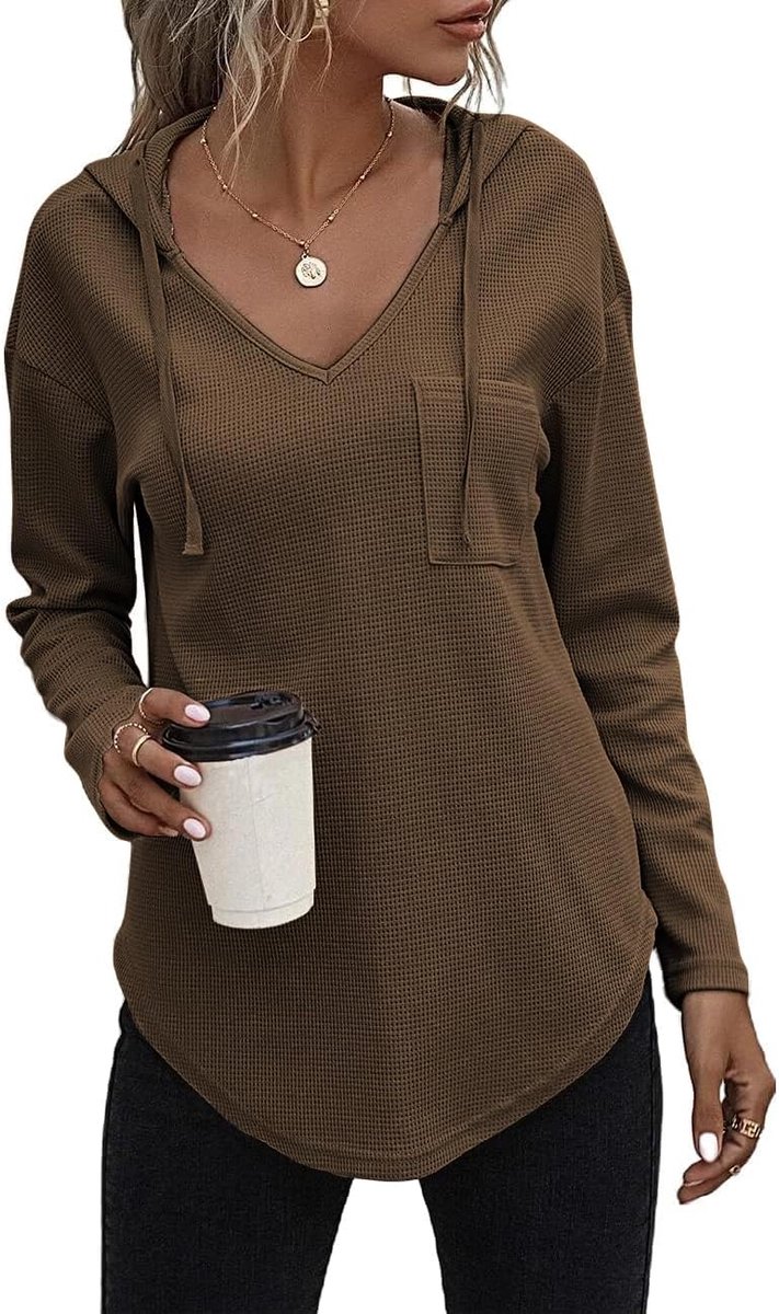 Pullover, dames, hoody, lange mouwen, V-hals, sweatshirt, effen, trekkoord, top