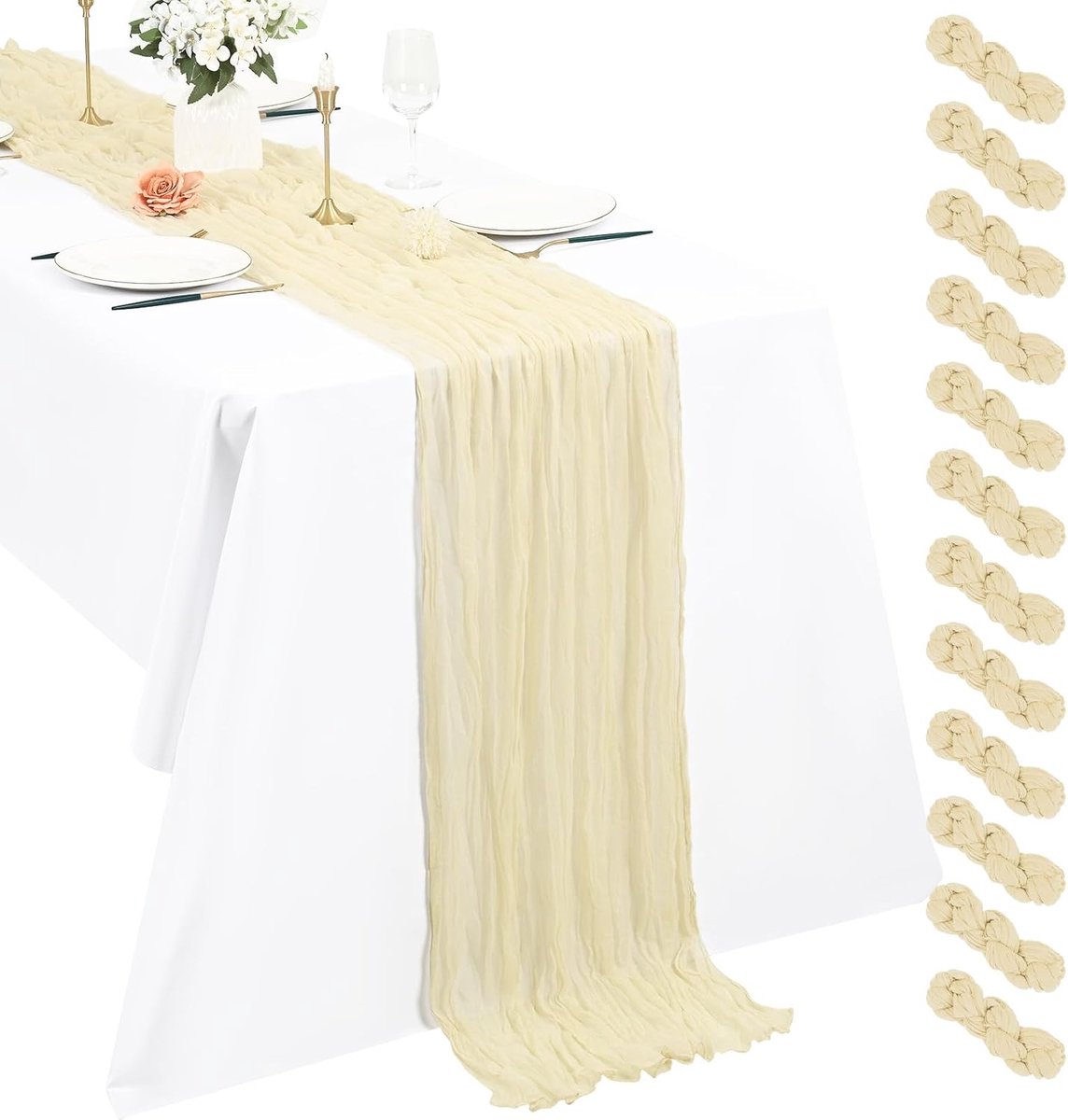 Tafellopers van kaasdoek, Boheemse tafelloper van gaas, 55 x 300 cm, rustieke en romantische tafelloper voor bruiloft, Thanksgiving, kerstdecoratie (ivoor)