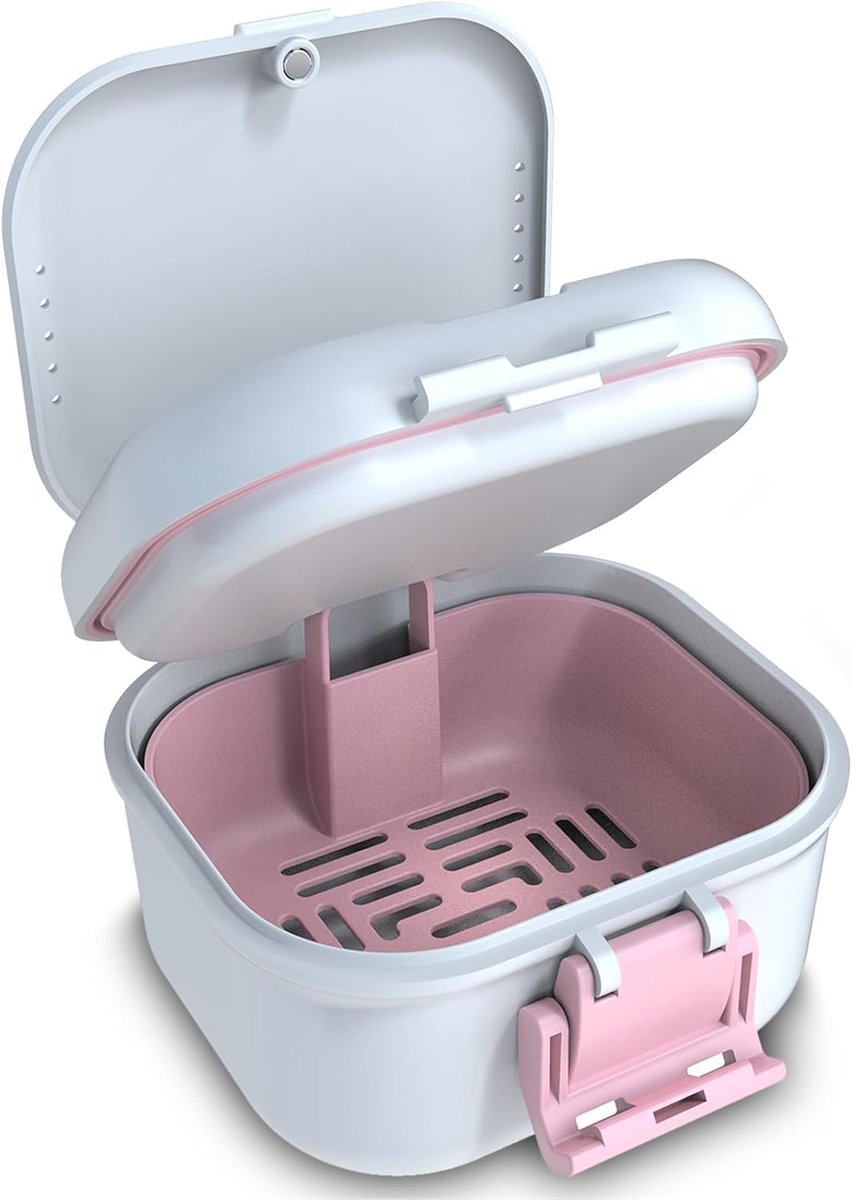 Lekvrije prothesendoos, verbeterde draagopslag, tandenbadbox met filter, tandschaal voor het inweken van kunstgebitten, reisretailer, reinigingskoffer voor (wit + roze).