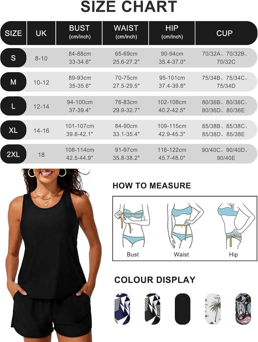Tankini badpak voor dames, 2-delig, shorty, hoge taille, tankini, dames, platte buik, tweedelig, push-up, gevoerd, tweedelig badpak, bedrukt, zwemkleding, sport, met trekkoord, zakken