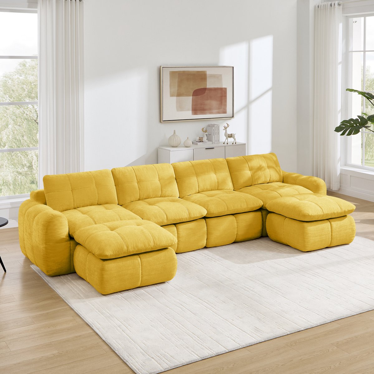 MIVRAY U-Bank 334 X 160 X 68 Cm - 4-Zits Modulair - Karosteppatroon Zonder Montage - Voor Woonkamer En Appartement - Chenille Geel