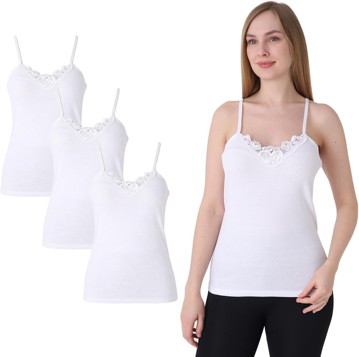Onderhemd voor dames, verpakking van 3 stuks, 100% katoen met kant, zachte ademende spaghettibandjes, top, ondershirt met vrouwelijke hals, voor dagelijks gebruik, vrije tijd en homewear