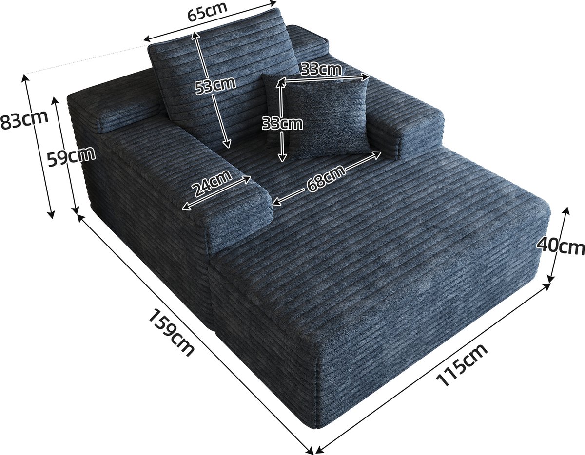 MIVRAY Bank 115 x 159 cm - Boneless Chaise Longue Met Diepe Zit En Veerkrachtig Schuim - Voor Woonkamer En Slaapkamer - Corduroy Blauw