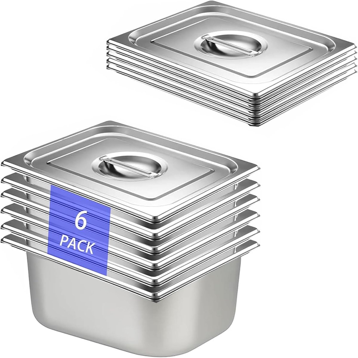 6 stuks GN 1/2 containers, 32,5 x 26,5 x 15 cm, roestvrij stalen container met deksel, gastro-container voor gerechten, taarten, hotelpan, tafel, food pan