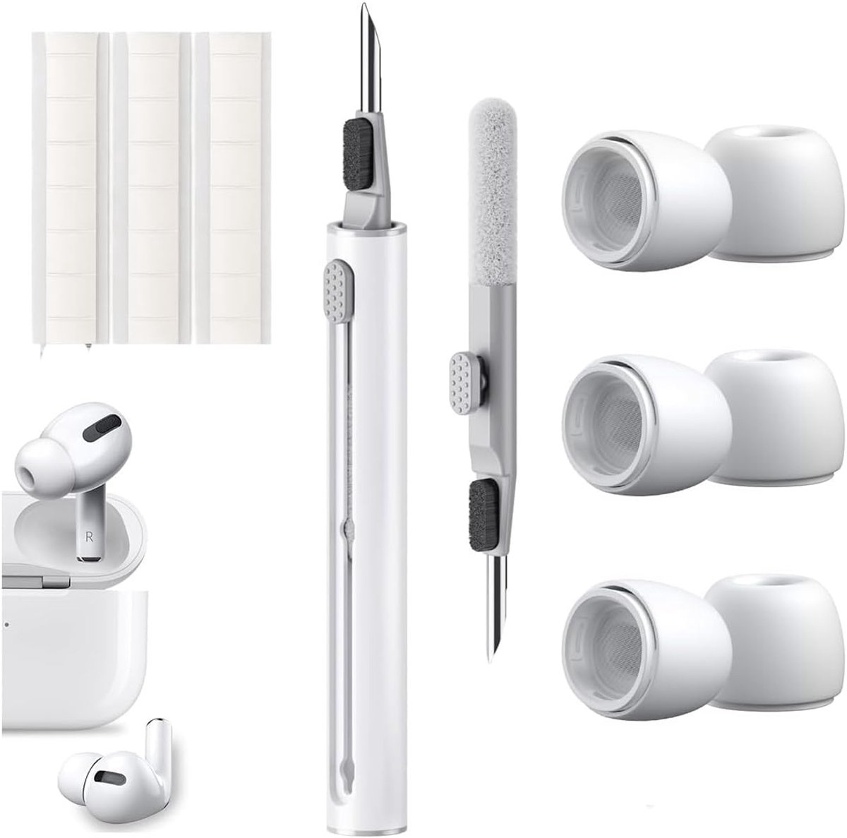 3 paar reserveoordopjes voor AirPods Pro/AirPods Pro 2 opzetstukken met gat voor geluidsreductie, 3-in-1 Airpods reinigingsset met cleaner-pen, Airpods Pro siliconen tips met opbergdoos, XS/S/M