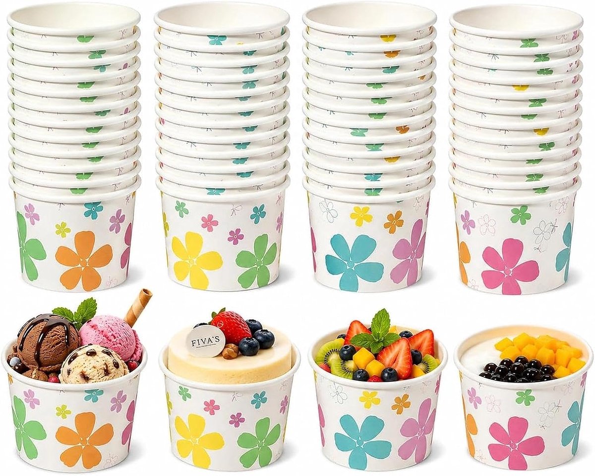 Papieren ijsschalen, 200 ml, versterkte papieren bekers, geschikt voor ijs, desserts, cake, pudding (50 papieren kommen met bloemenpatroon + 50 lange lepels)
