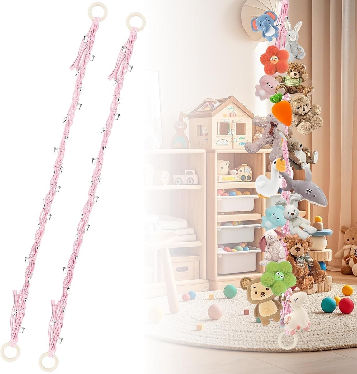 2 stuks knuffeldier ophangsysteem roze, met 40 metalen klemmen en houten ring, pluche dier opslag voor kinderkamer, wandorganizer voor knuffeldieren en accessoires