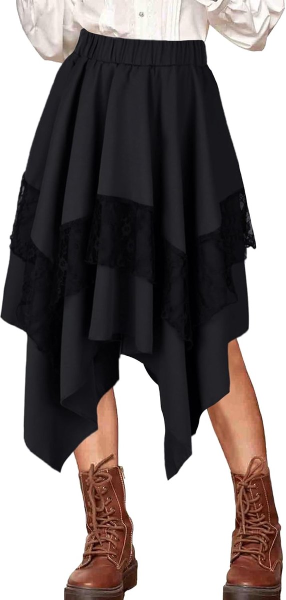 Damesrok met elastische taille, kanten rok, feeënkostuum, dubbellaags, middeleeuws voor Victoriaanse XS-2XL