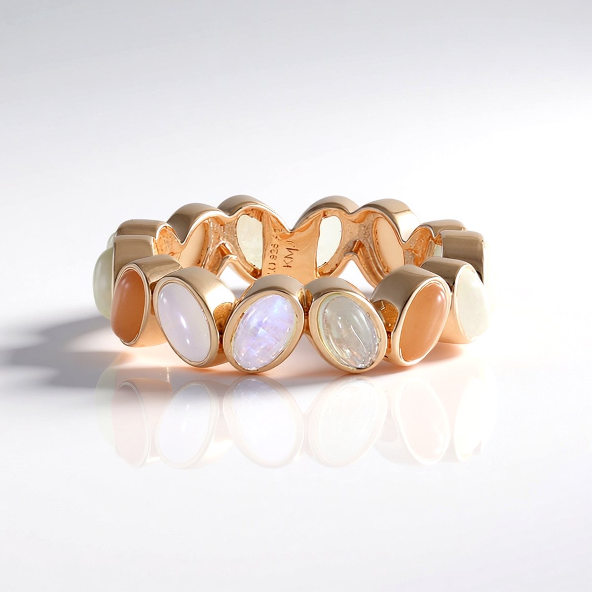 Cavill - 925 Sterling Zilver Ring - Roségoud Verguld - Blauwe, Witte, Groene Maansteen 4,41 ct - Elegante Ovale Cabochonring