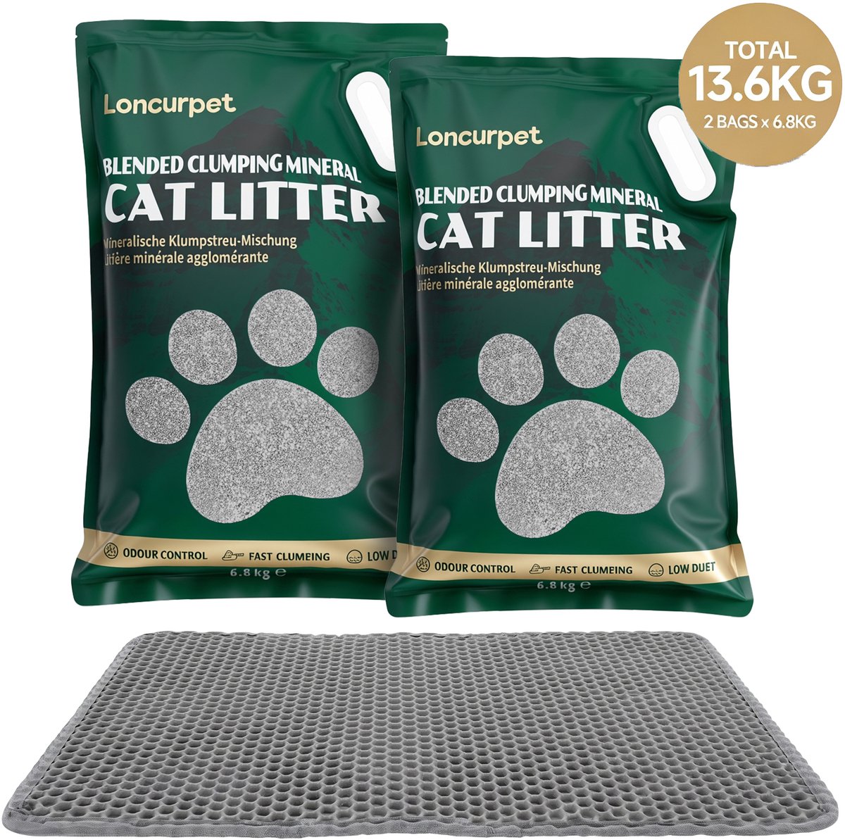 Loncurpet - Kattenbakvulling - Met Kattenbakmat - Gemengd Kattenzand - 2 x 6,8kg - Premium Natuurlijk Ruw Erts - Stevige Klonten - Plakt Niet aan Bodem - Langdurige Geurneutralisatie