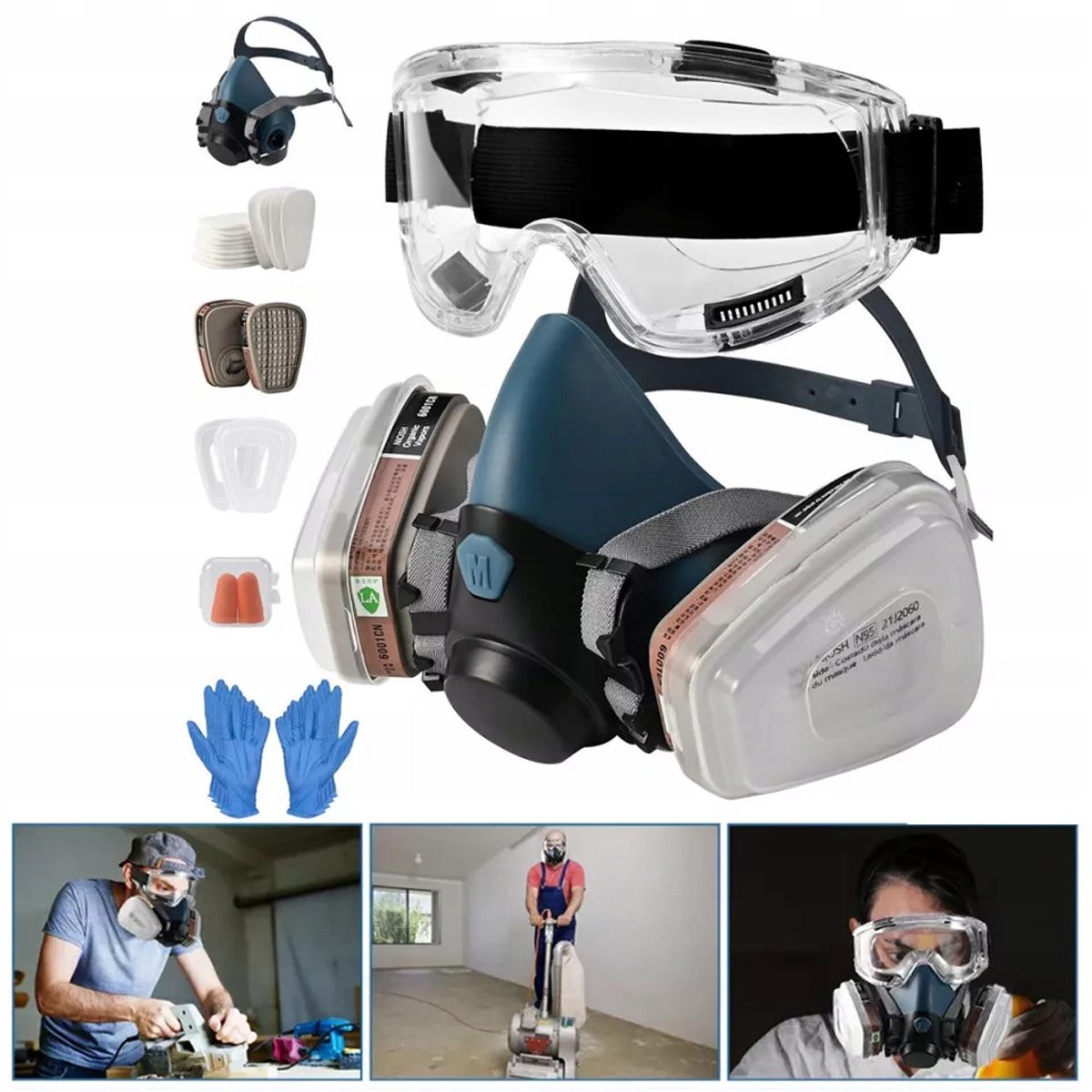 Professioneel stofmasker met dubbele filters en veiligheidsbril