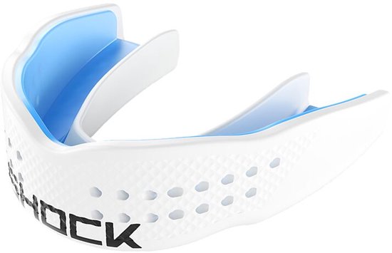 Witte sportbitje met blauwe binnenkant en ventilatiegaten. "SHOCK" logo op de zijkant.