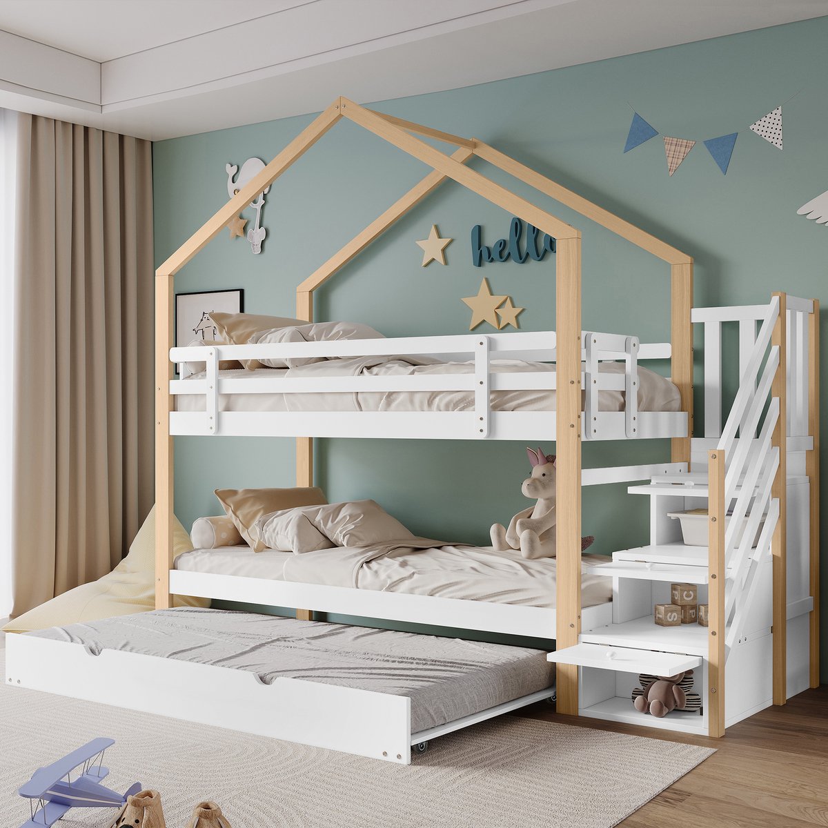 Kinderbed - voor matras 90 x 200 cm - wit en naturel - met USB-aansluiting en opbergruimte en lattenbodem - voor de slaapkamer