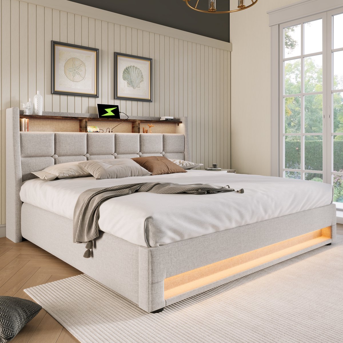 Gestoffeerd bedframe - voor matras 160 x 200 cm - beige - met LED-verlichting en USB-aansluiting en lattenbodem - voor de slaapkamer