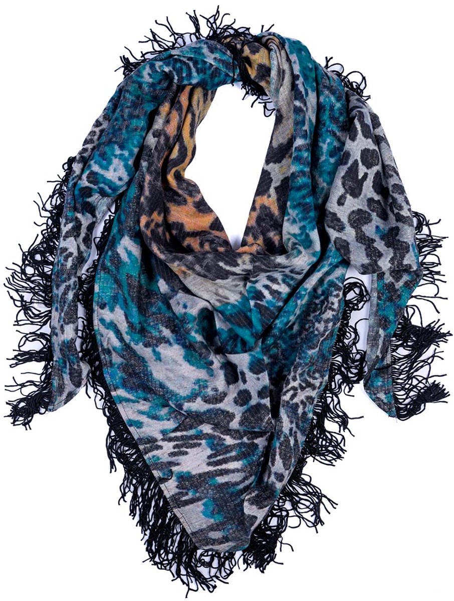 Passigatti Dames Sjaal Blauw One Size Panterprint met Franjes