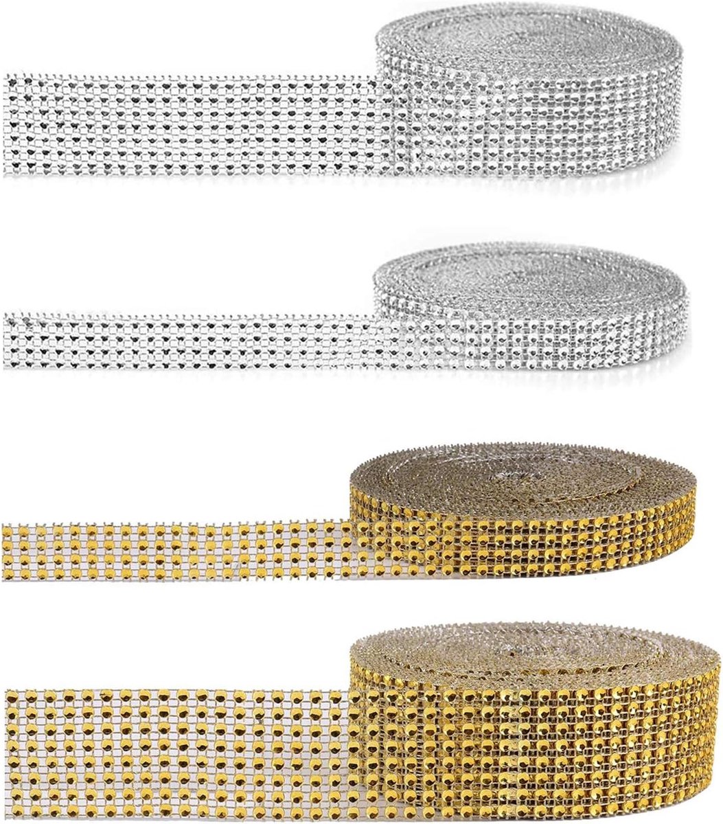 2 Rollen van 8 Rijen van 10 Yard Rolls en 2 Rollen van 4 Rijen van 10 Yard Rhinestone Ribbons, Gebruikt voor Bruiloft Taarten, Verjaardag Decoraties, Baby Douches, Craft Items (zilver en goud)