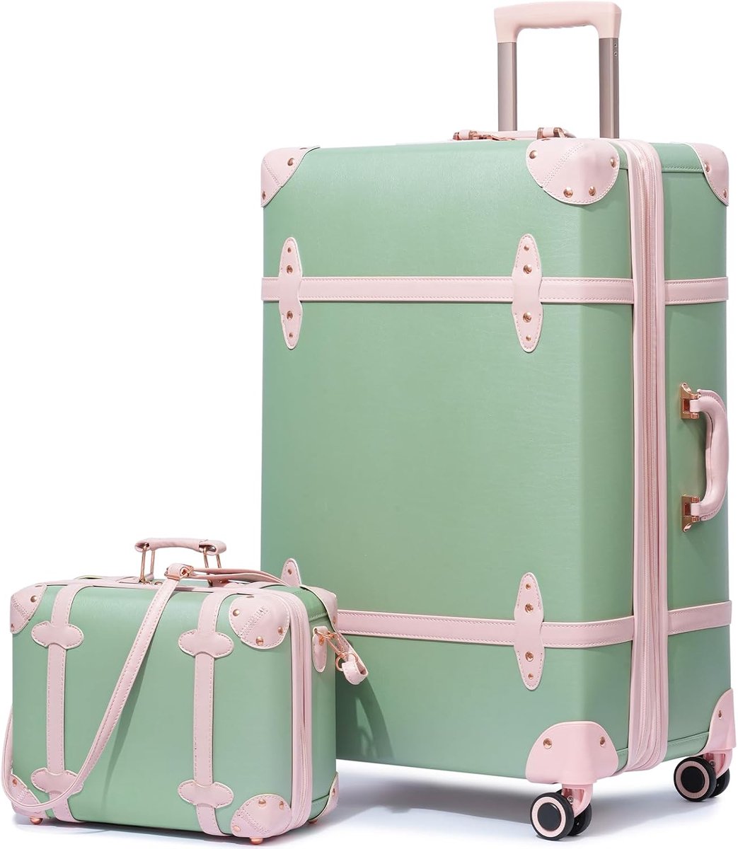 Urecity Vintage reistasset in 4 delen licht retro lederen tas harde behuizing handbagageset met TSA-slot en 8 wielen (S-M-L-XL), S(14")+XL(28")
