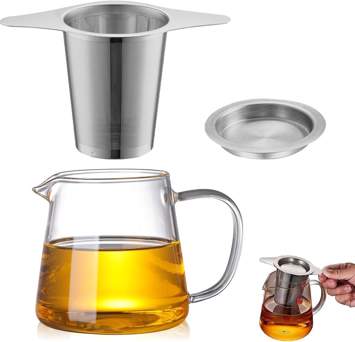 Theepot met zeef, theepot van hittebestendig borosilicaatglas, 400 ml, kleine theepot met zeef, geschikt voor losse thee en bloesemthee, 2 stuks