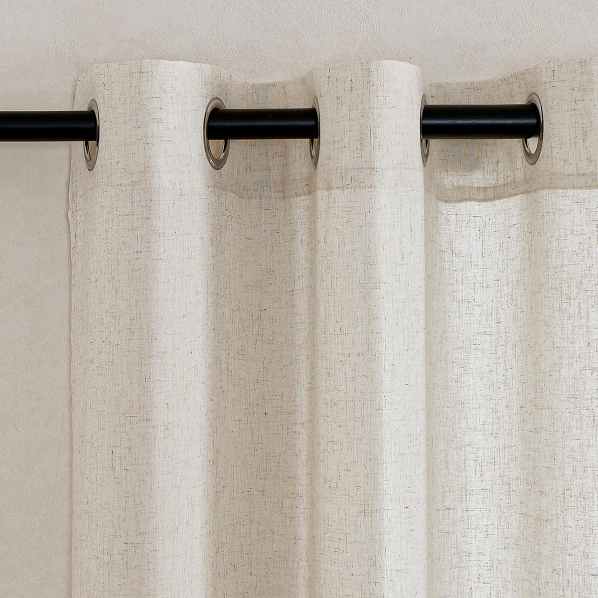 Gordijnen, kort, linnen, boho, half-transparant, gordijnen met oogjes, set van 2, 160 cm x 140 cm (H x B), linnenlook landhuisstijl, woonkamer, natuurlijke kleur