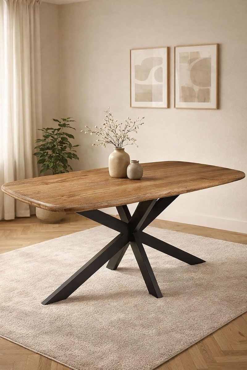 Home Deens Ovale Eettafel 200 cm Mangohout – Bruin – Zwart Metalen Matrix Onderstel – Landelijk – 8 Personen