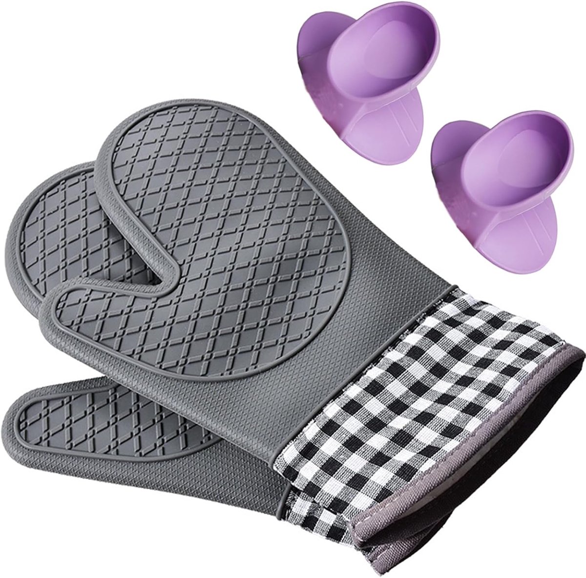 Ovenwanten, set van 4, kookhandschoenen met antislip, hittebestendig tot 300 °C, grijs