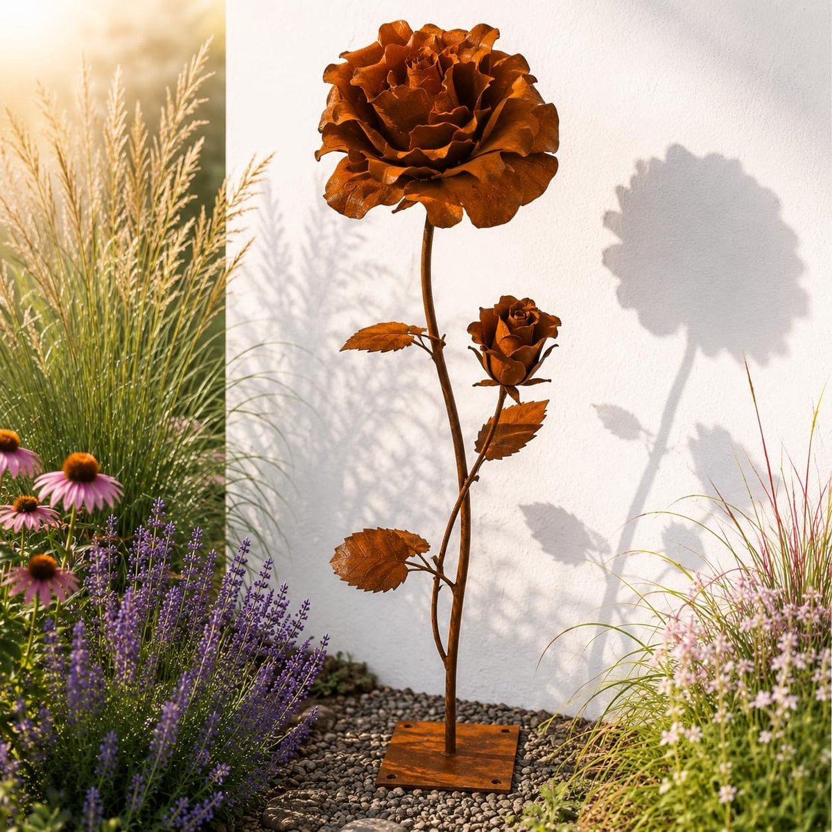 Roest 3D roos XXL 120 cm hoogte roestbloem tuindecoratie roest tuinfiguur groot metalen figuur tuinbord decoratieve steker roestdecoratie tuindecoratie metalen decoratie metalen steker patina