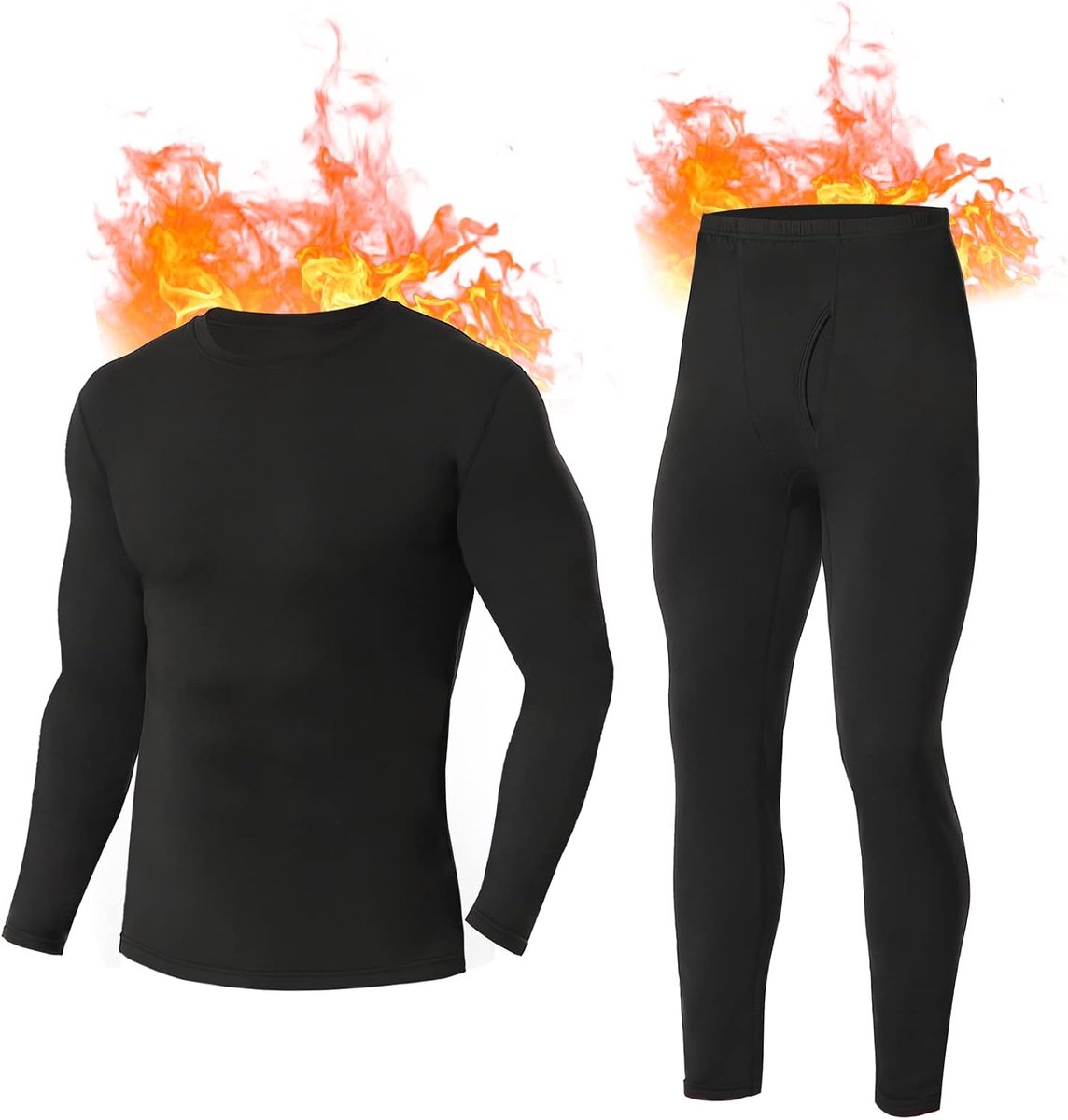 Thermo-ondergoed voor heren, warm ondergoed met fleece binnenvoering, ultralicht bovendeel en onderste deel met gulp, lange mouwen, functioneel ondergoed, ronde hals, ski-ondergoed voor de winter, zwart, M