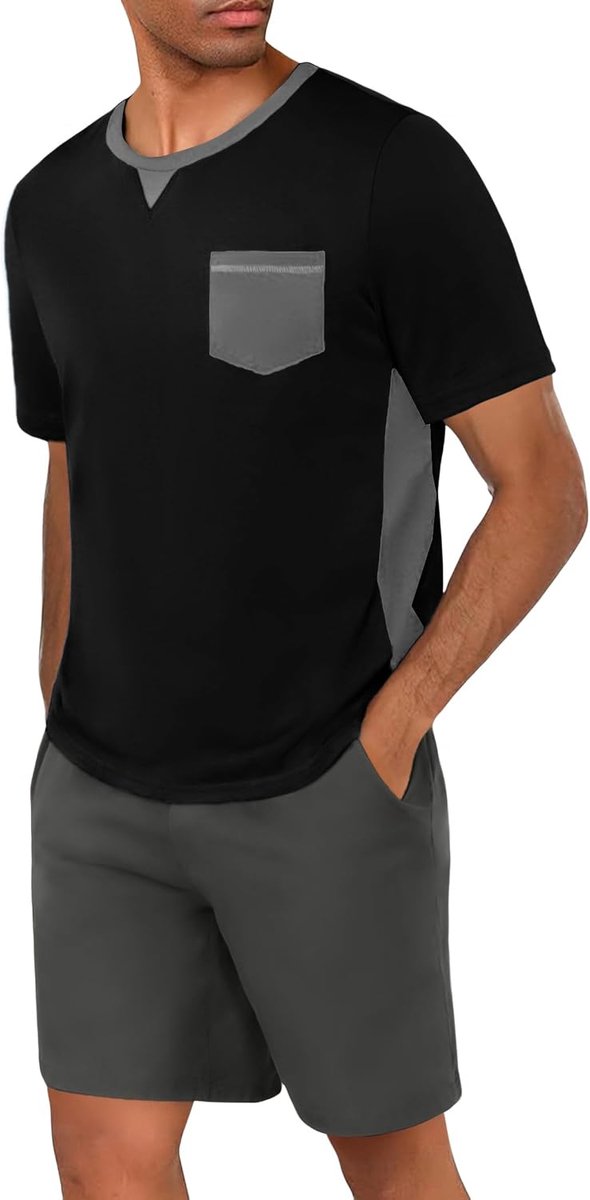 Pyjama voor heren, korte mouwen, katoen, zomer, pyjamaset, V-hals, shorts