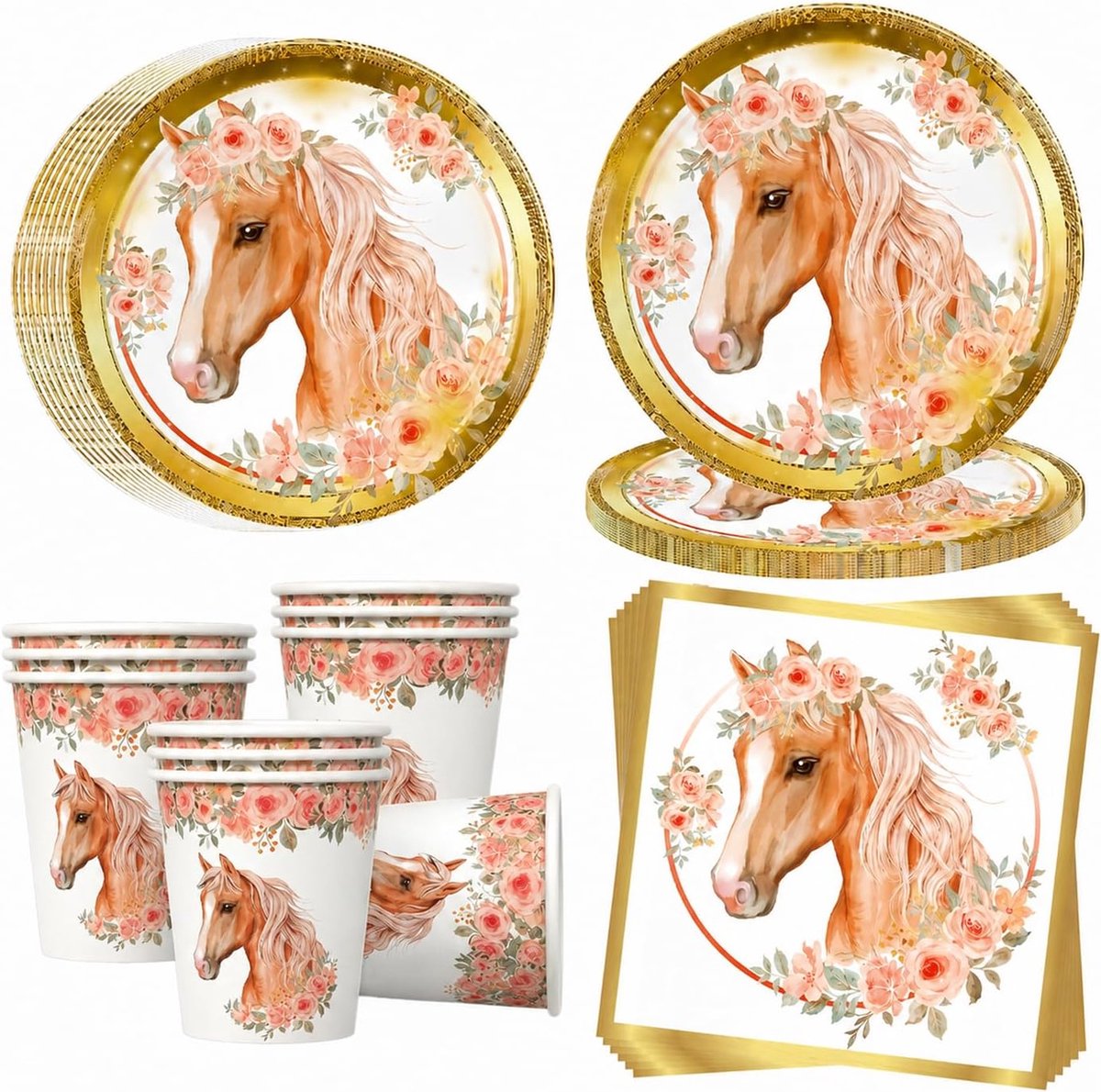 Paardenpartyserviesset voor 20 gasten, paarden, feestborden, verjaardagsservies met papieren borden, bekers, servetten, verjaardagsdecoratie voor meisjes en jongens, feestaccessoires, decoratie