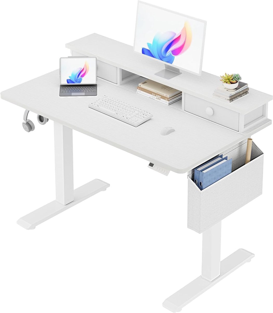 Bureau, zittend, staand, met lade, elektrisch, pc-bureau, met monitorhouder, ergonomisch design, voor kleine ruimtes, tienerkamer, kinderkamer, 100 x 60 cm