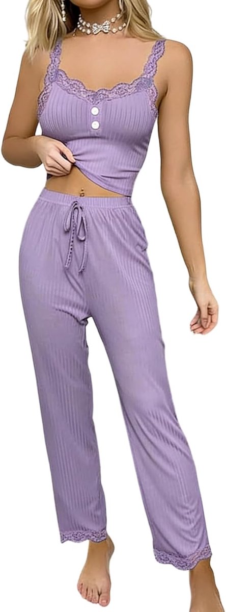 2-delige pyjamaset voor dames, kanten pyjama, buikvrij, cami-top, lange broek, V-hals, nachtkleding, elegant, mouwloos, prikkelend, zacht, loungewear, comfortabel, negligé, elastisch